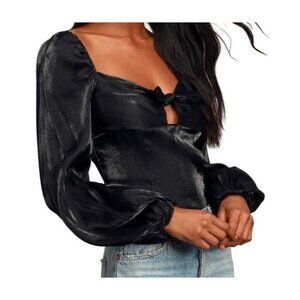 Lulus Womens Chic Perspective Black Satin Tie-Front Puff Sleeve Top Size L